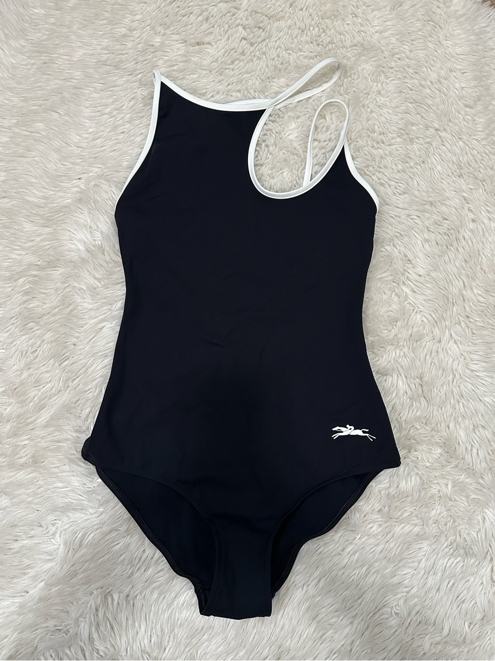Long Champ Black One-Piece Swimsuit with White Trim